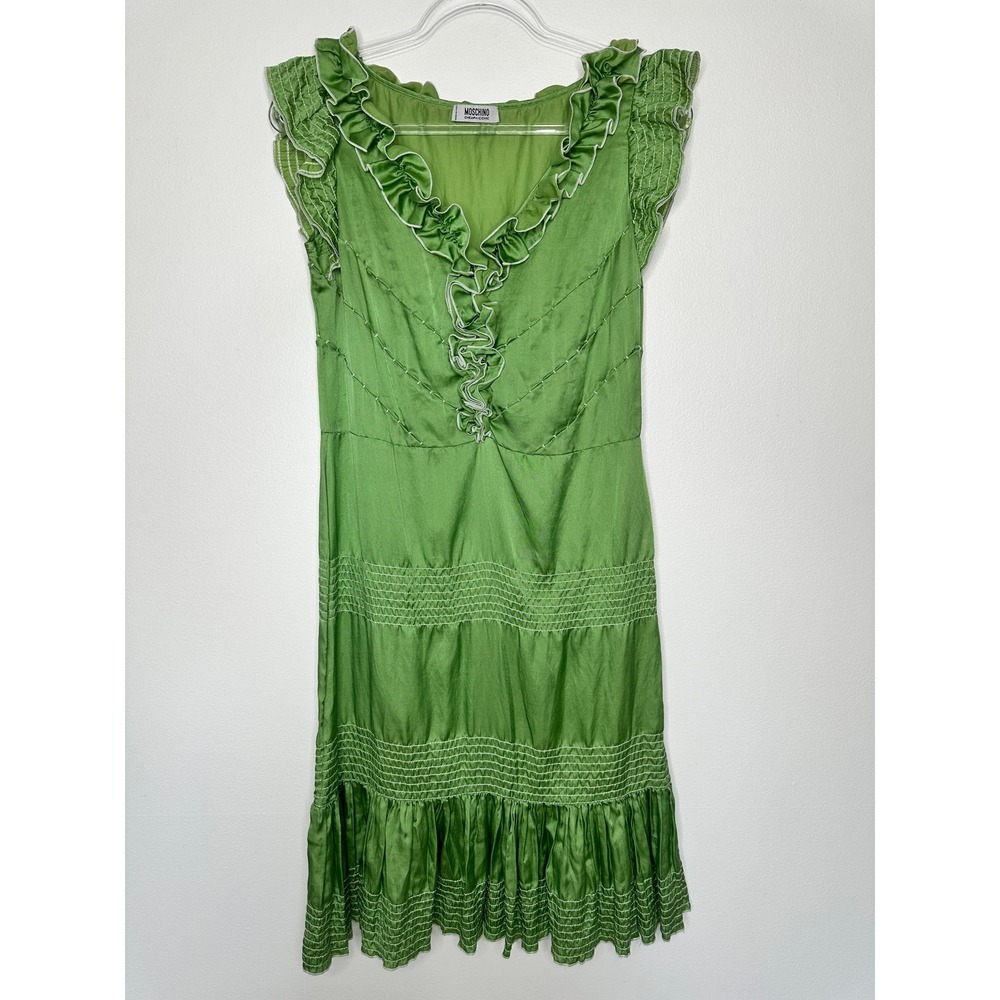 Moschino Cheap and Chic Dress Sz 6 Green Silk Blend Ruffle Smocked Tiered Italy